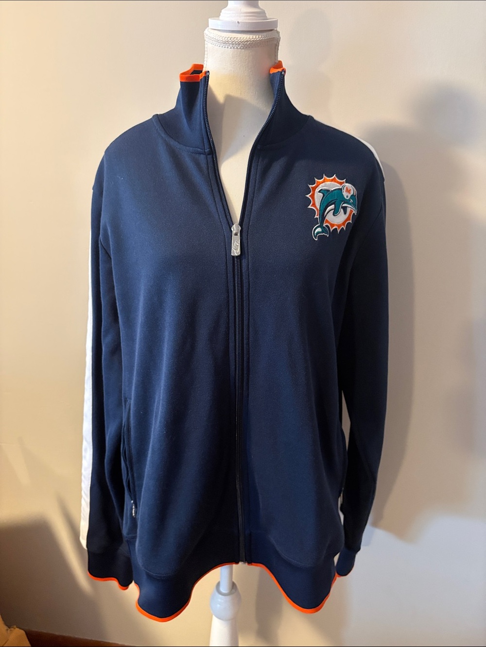 NFL Miami Dolphins Navy and Orange Team Full Zip Soft Shell Jacket. Size XL